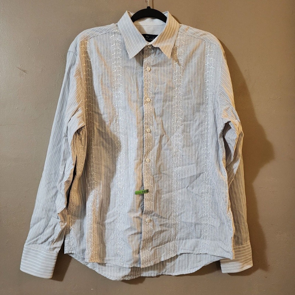 Malibu Cowboy Mens Dress Shirt Size L White Gray Embroidered Front Button Down
